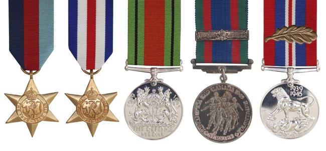 1939-45 Star, France and Germany Star, Defence Medal, Canadian Service Volunteer Medal (with Clasp), 1939-45 War Medal, Mentioned in Despatches