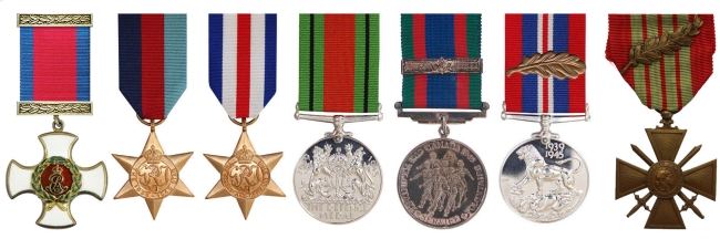 Distinguished Service Order, 1939-45 Star, France and Germany Star, Defence Medal, Canadian Service Volunteer Medal (with Clasp), 1939-45 War Medal, Mentioned In Despatches, Croix de Guerre (French)