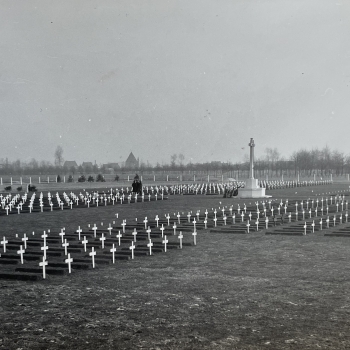 Adegem Canadian War Cemetery in 1945 with temporary crosses.