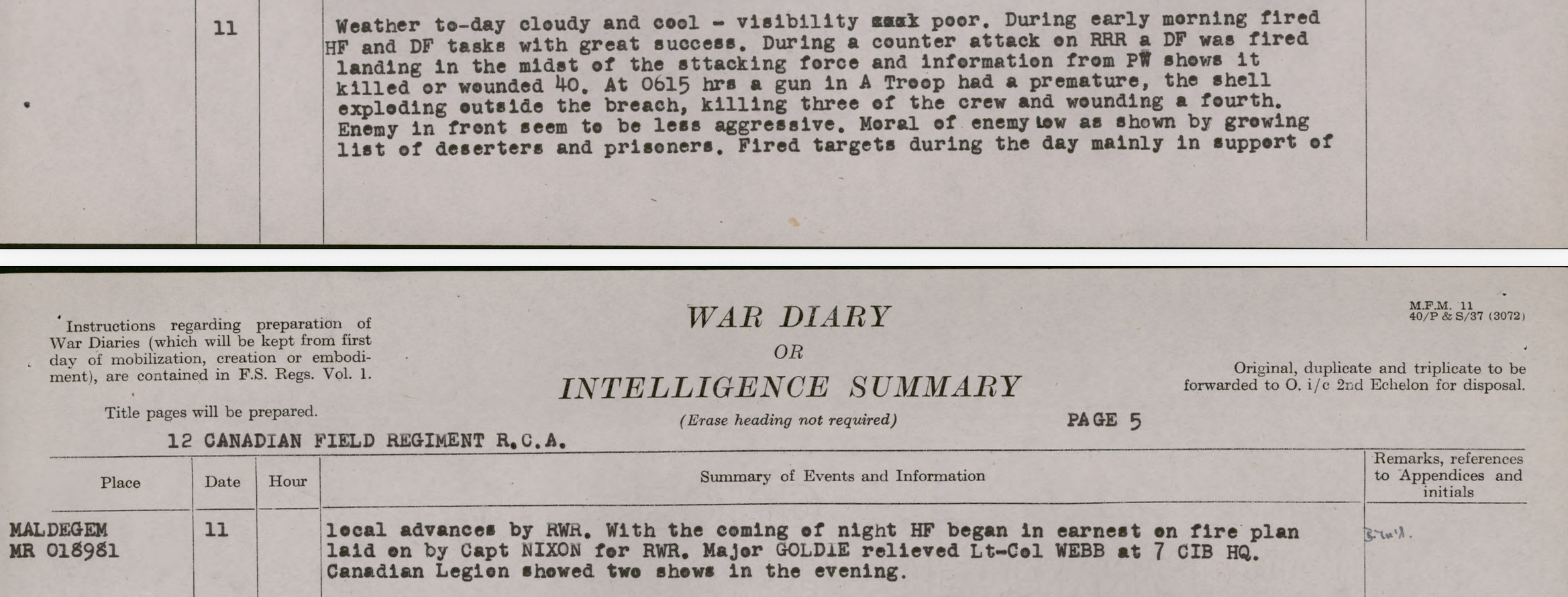 War Diary 12 Field Regiment, R.C.A. October 11, 1944