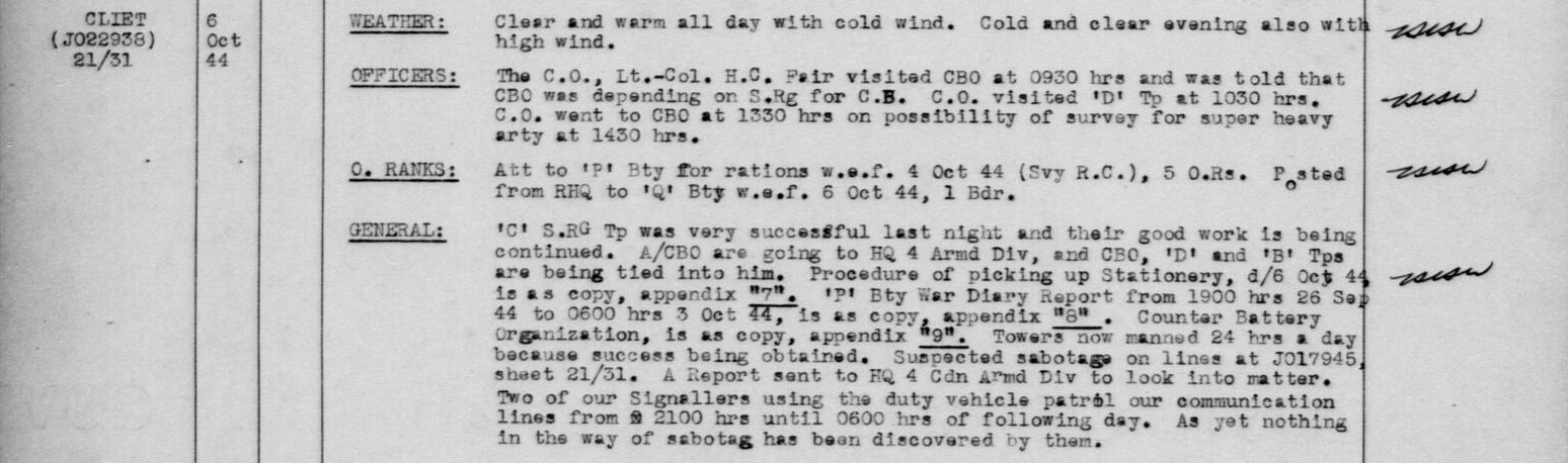 War Diary 2 Survey, R.C.A. October 6, 1944.