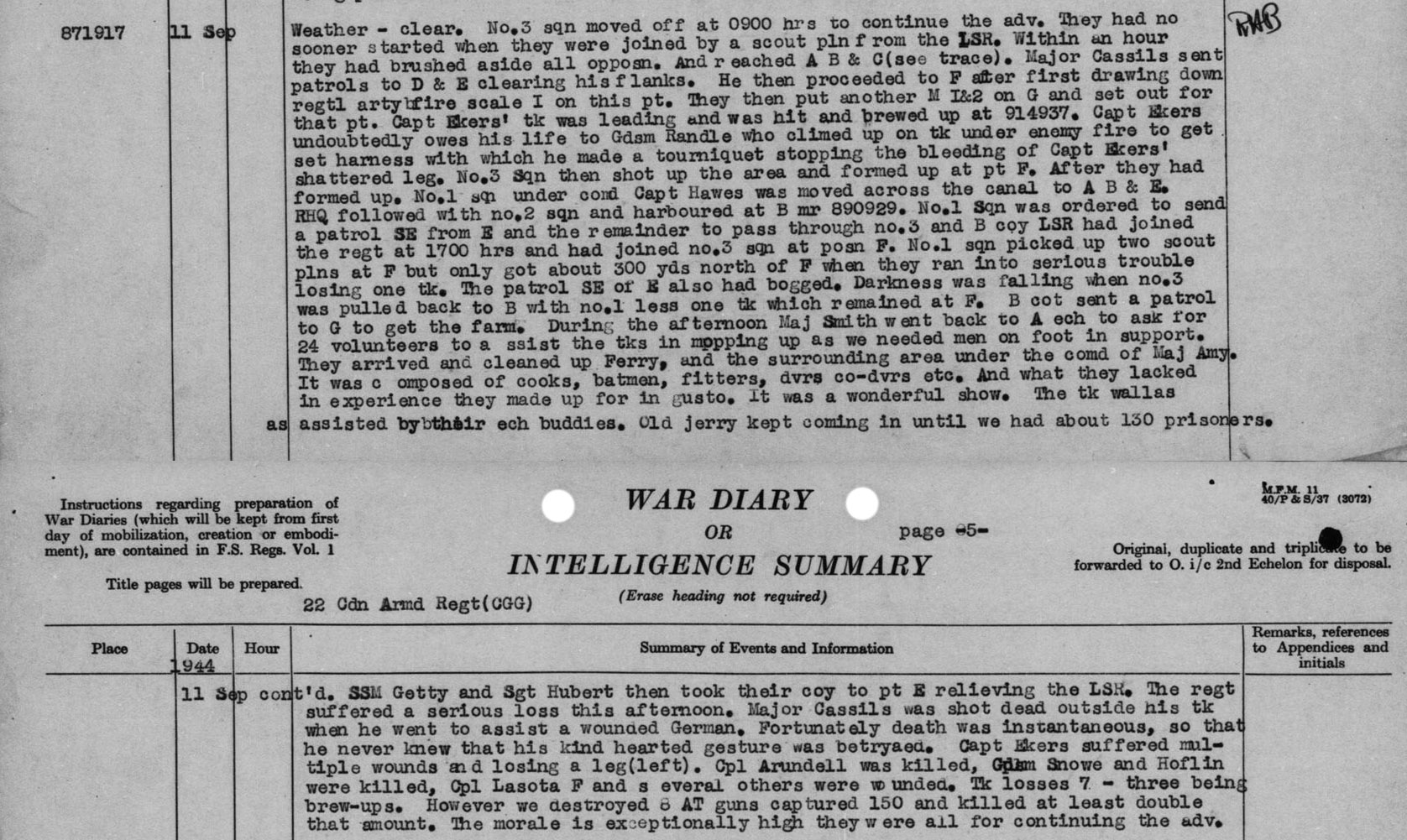 Canadian Grenadier Guards, R.C.A.C. - War diary September 11, 1944