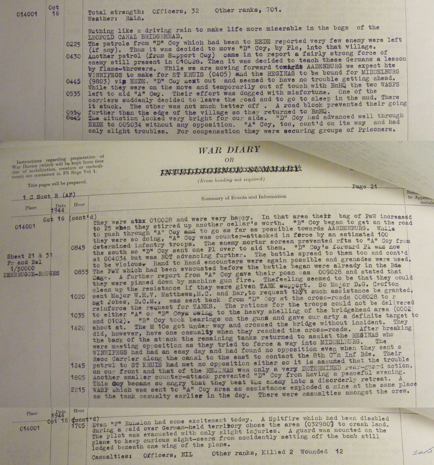 War Diary Canadian Scottish Regiment October 16, 1944.