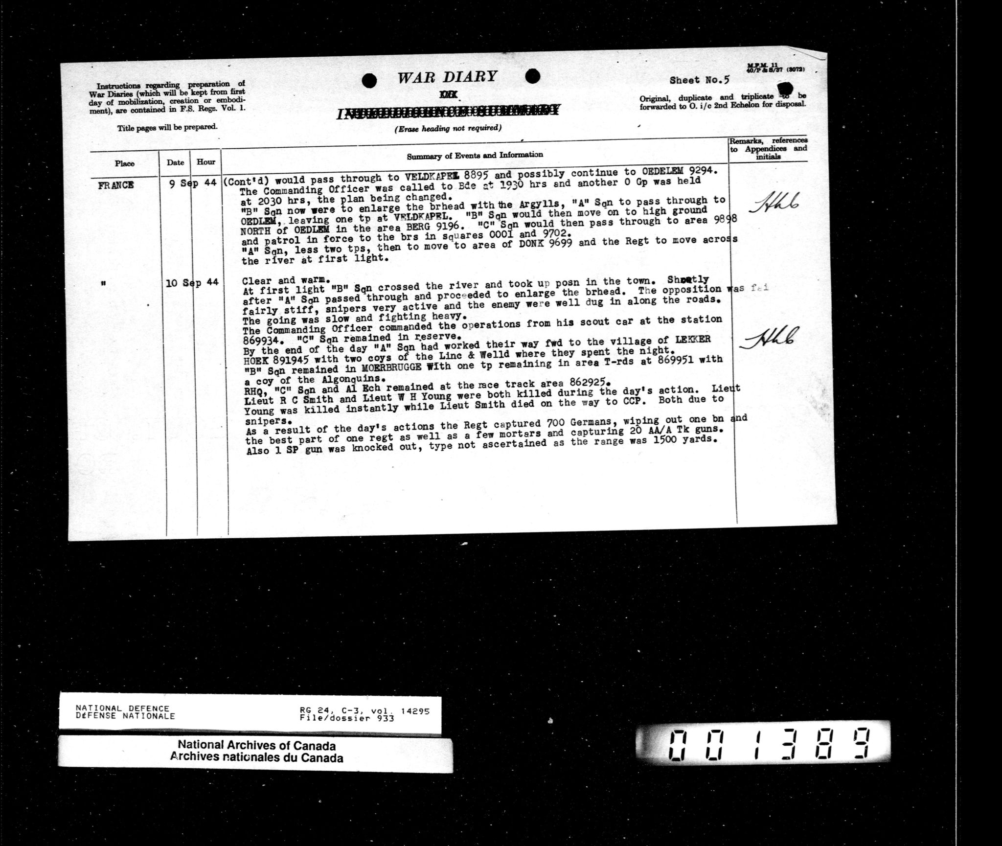 War Diary South Alberta Regiment September 10, 1944.