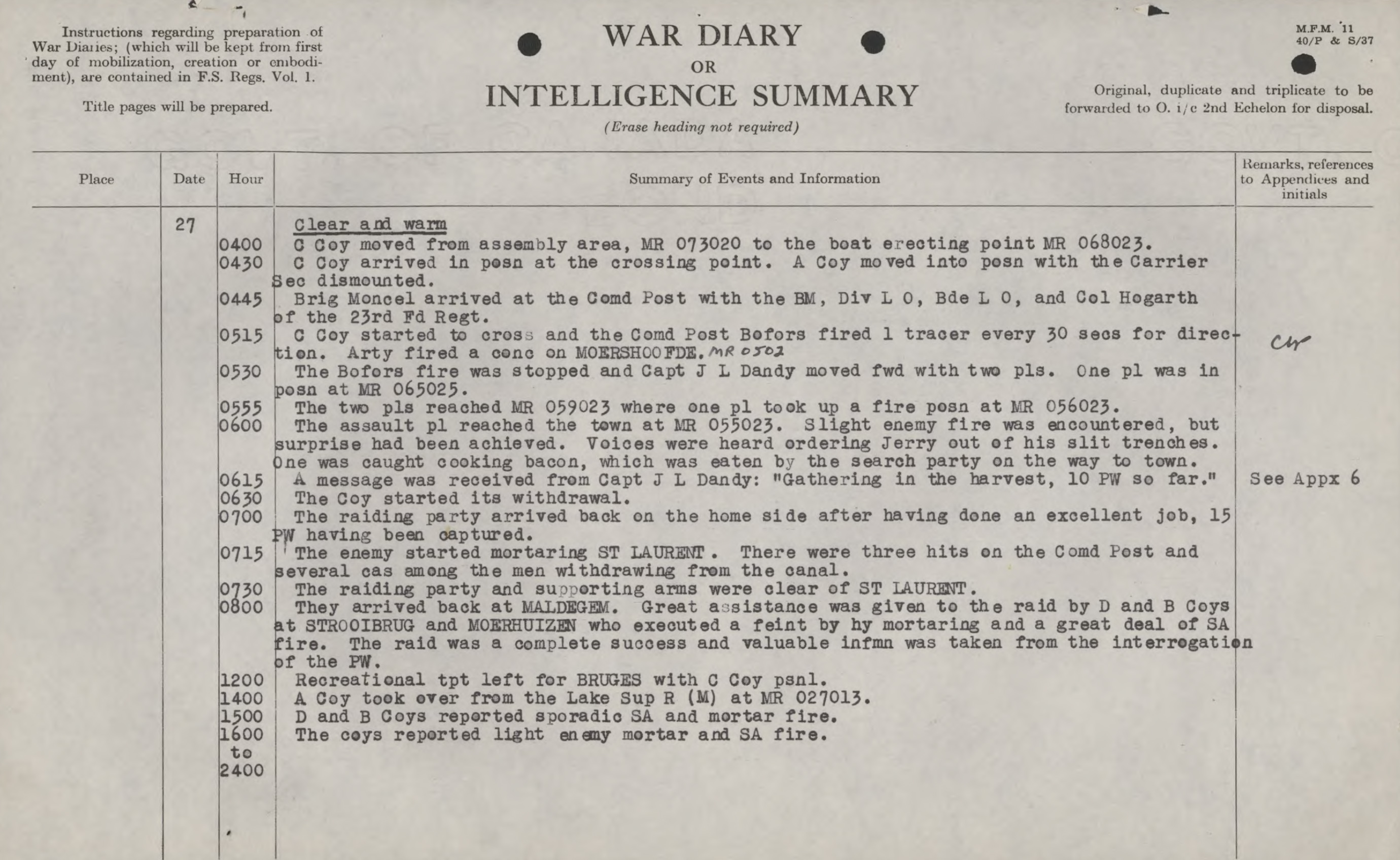 War Diary Lincoln and Welland Regiment September 27, 1944