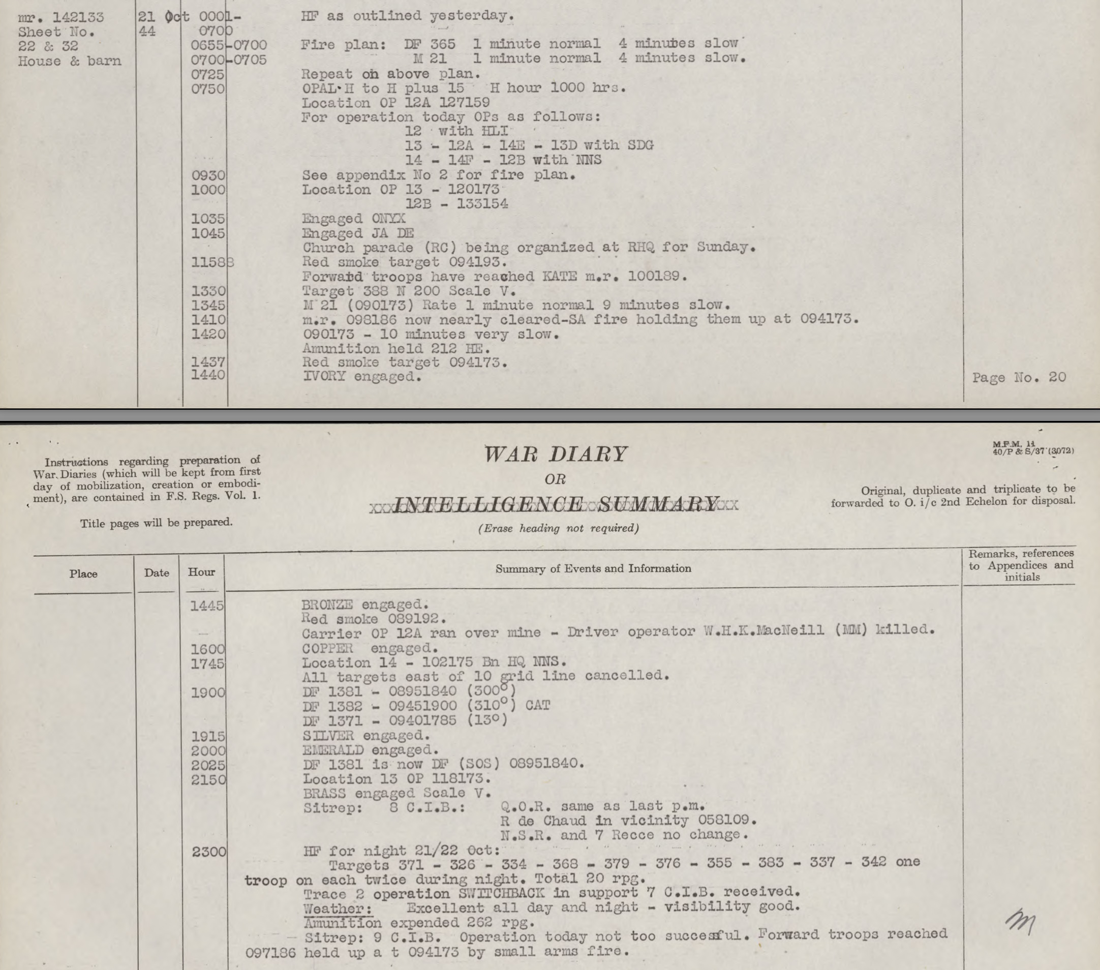 War Diary 14 Field Regiment, RCA October 21, 1944.