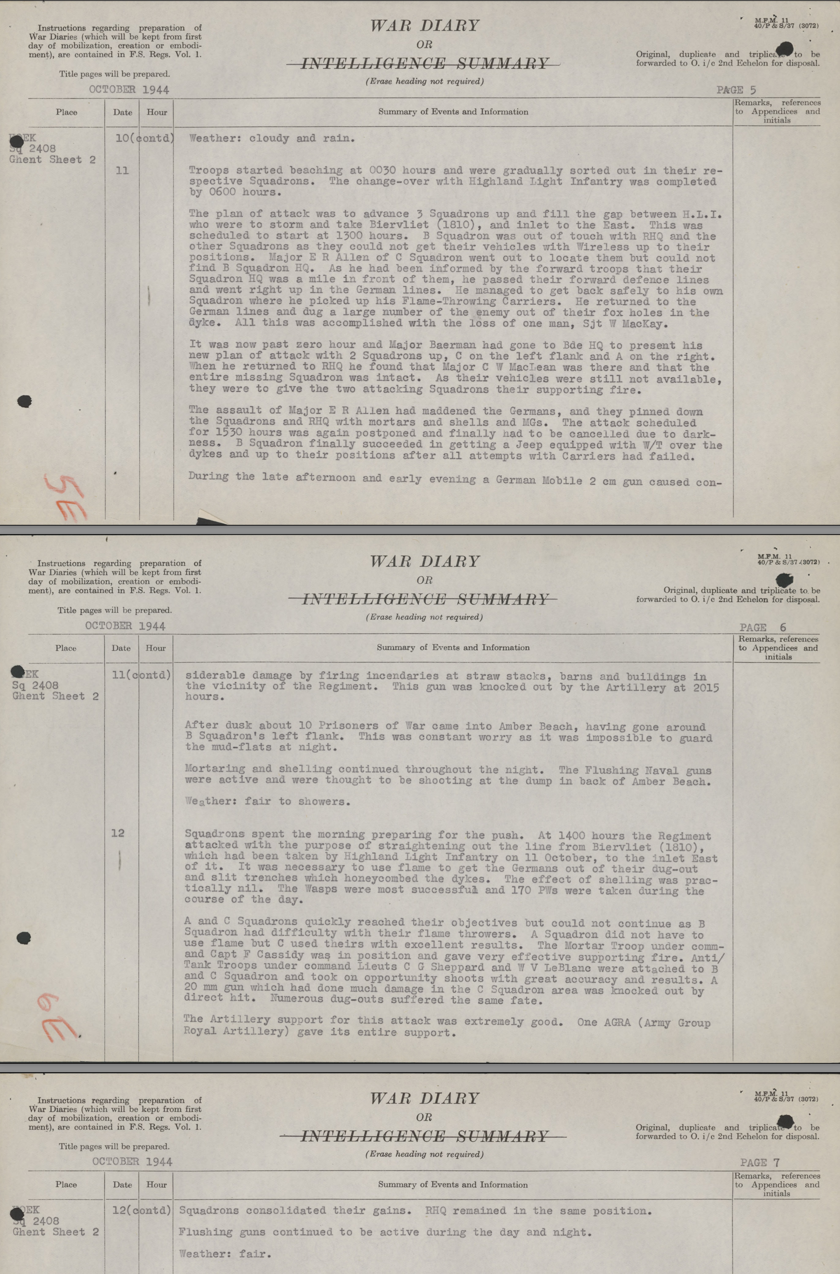War Diary 17th Duke of York's Royal Canadian Hussars October 11/12, 1944.