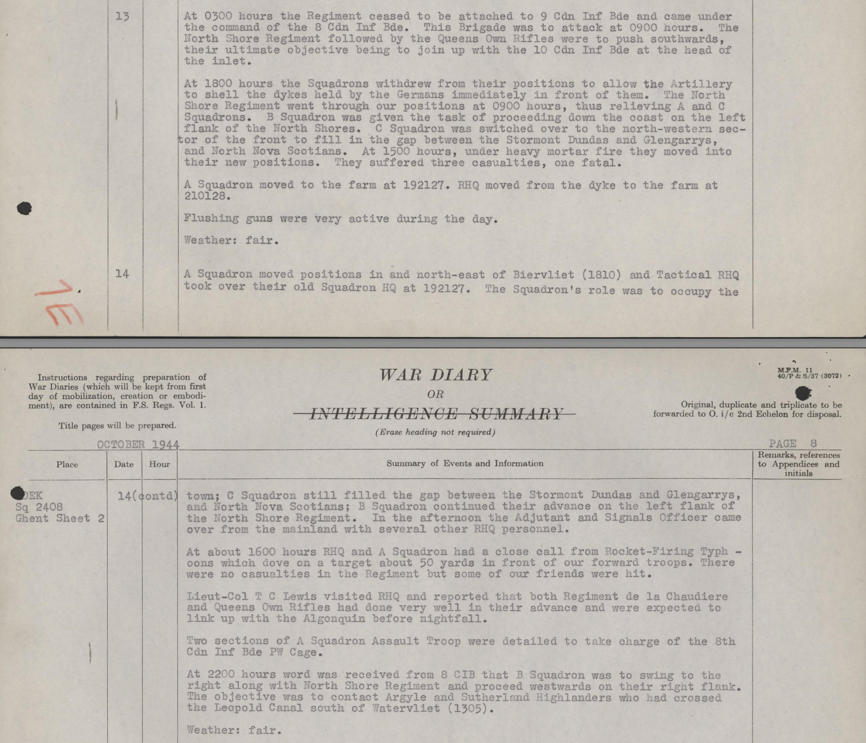 war Diary 17th Duke of York's Royal Canadian Hussars October 13/14, 1944.