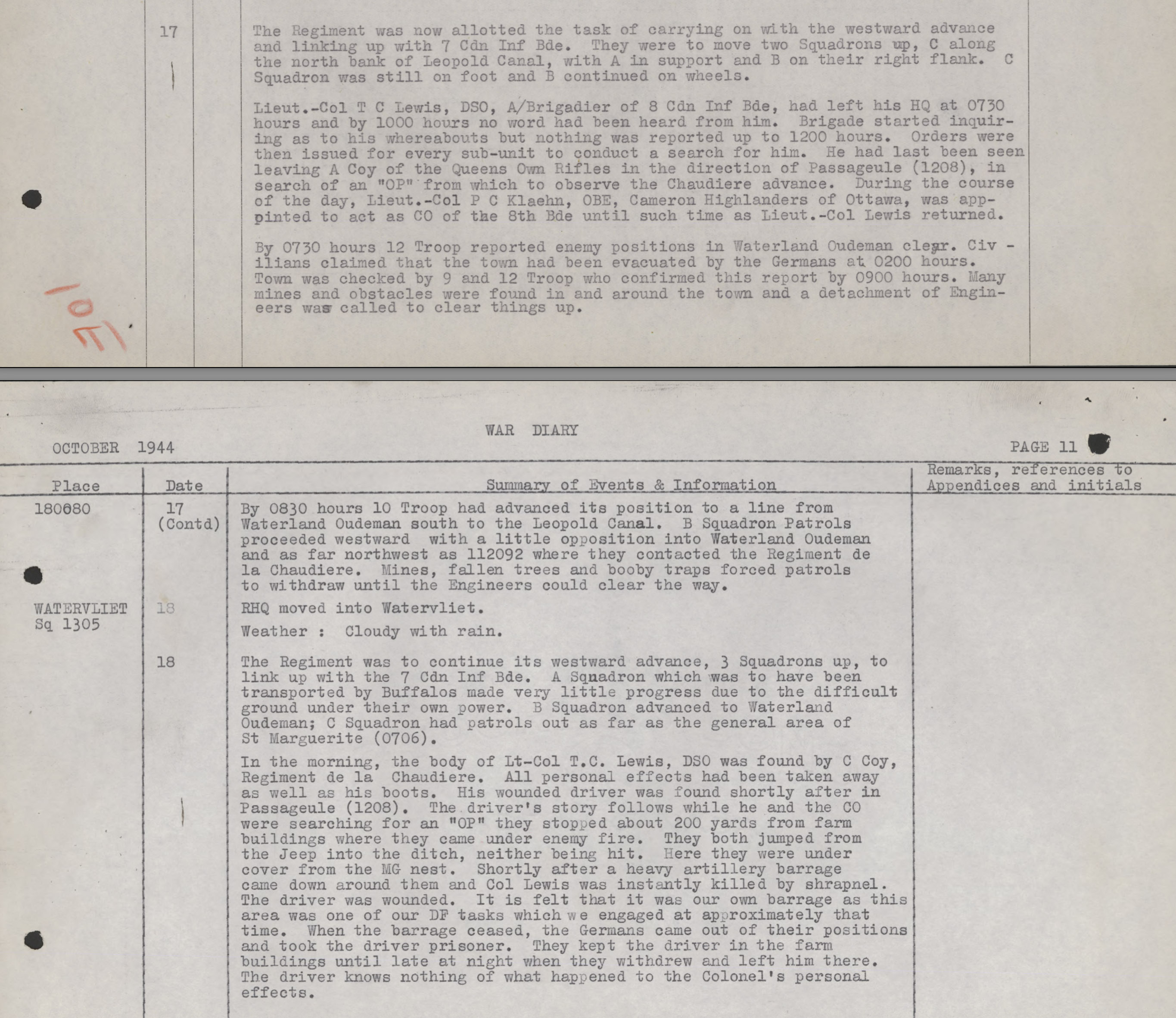 War Diary 17th Duke of York's Royal Canadian Hussars October 17/18, 1944.