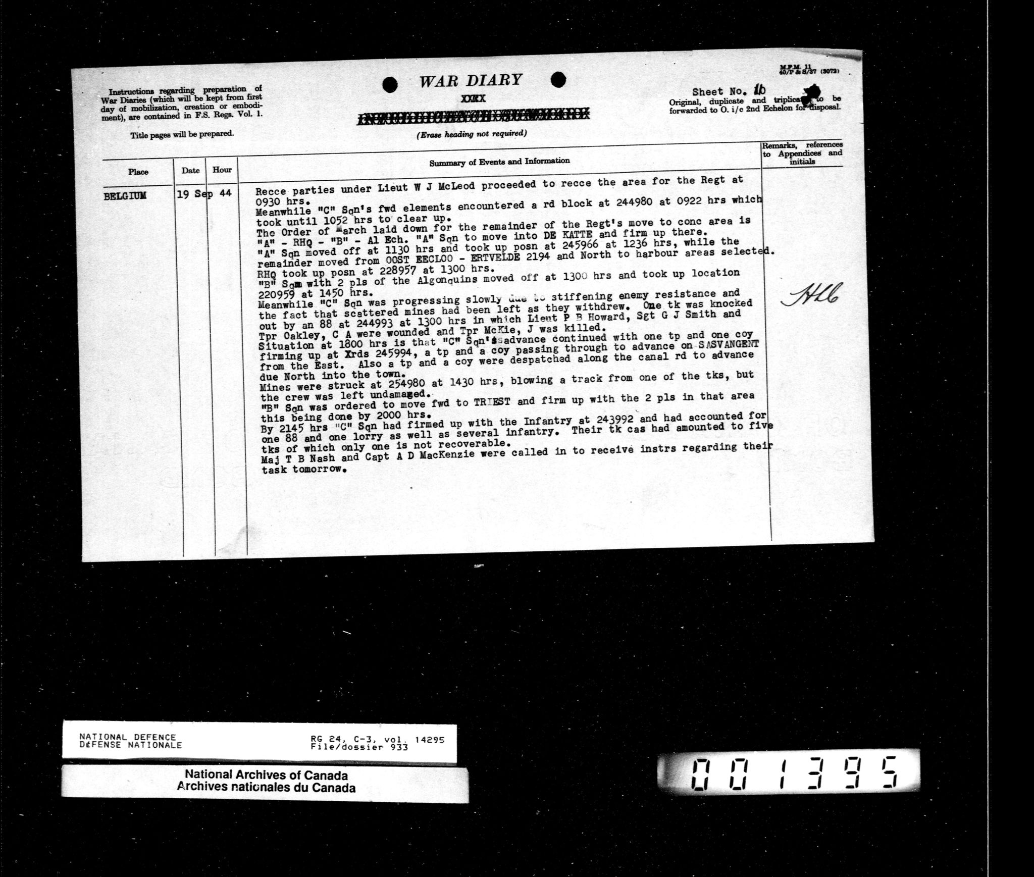 War Diary South Alberta Regiment September 19, 1944.