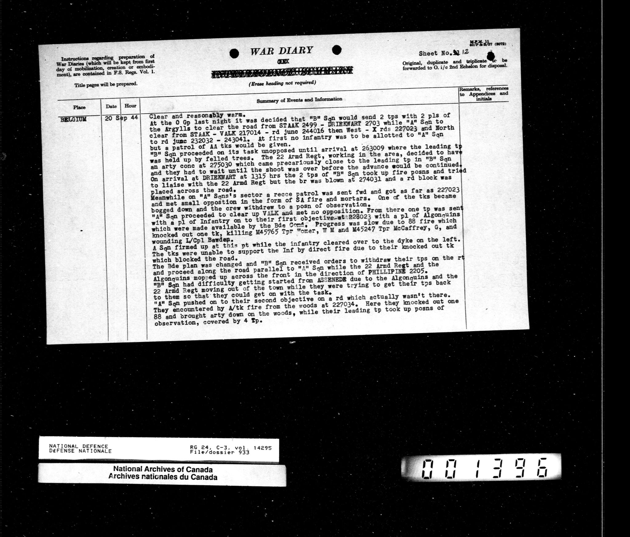 War Diary South Alberta Regiment September 20, 1944.